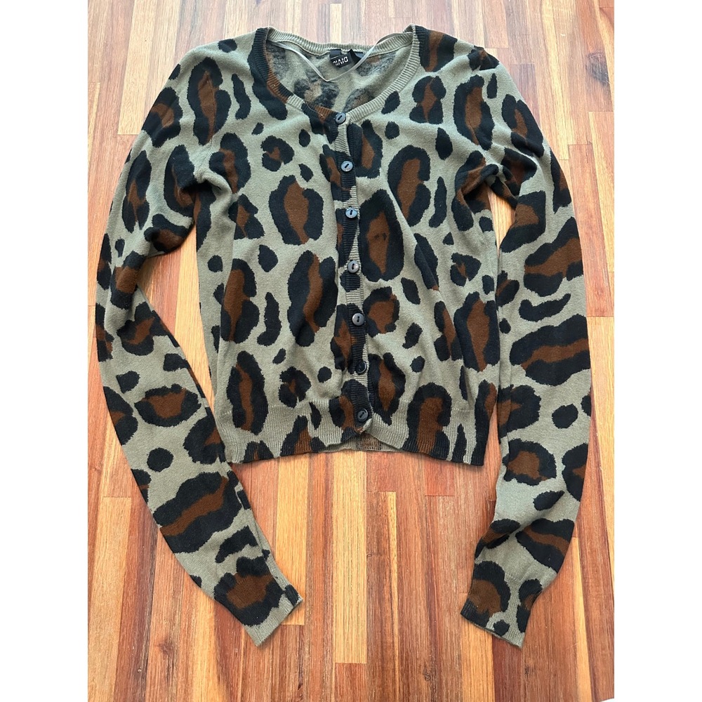 H&M Divided Cardigan Womens 6 Green Leopard Print Excellent Cropped Button Up